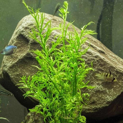 Lacy-green-leaves-of-a-Water-Sprite-plant-used-as-a-background-plant-in-my-community-tank