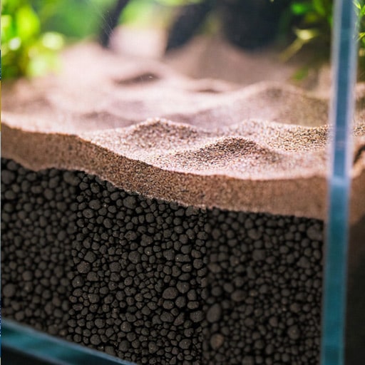 Showing the layering of aqua soil and sand cap in a planted aquarium.