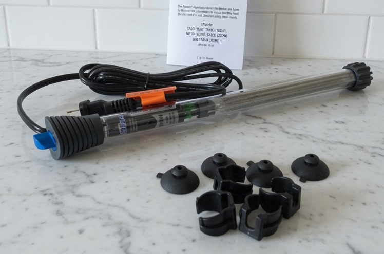 Aqueon Pro Adjustable heater showing with a red heating indicator light.
